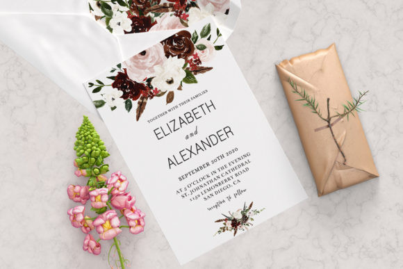 17 Wedding Invitation Template Ideas You Can Customize 21 Elegant wedding invitation with floral design and names Elizabeth and Alexander.