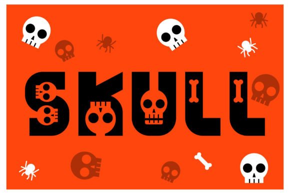 Halloween Fonts: 44 Best Picks for Cards, Signs & Cricut 69 Bold Halloween font featuring the word 'SKULL' with skull and bone graphics on an orange background.
