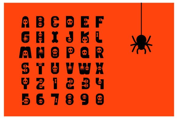 Halloween Fonts: 44 Best Picks for Cards, Signs & Cricut 70 Halloween-themed font featuring skulls and a spider on an orange background.