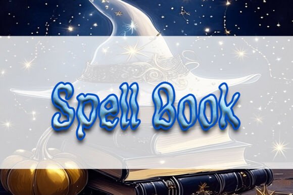 Halloween Witchy Fonts: 19 Best Picks for Spellbooks 28 A whimsical spell book with a witch's hat and a pumpkin, set against a starry background.
