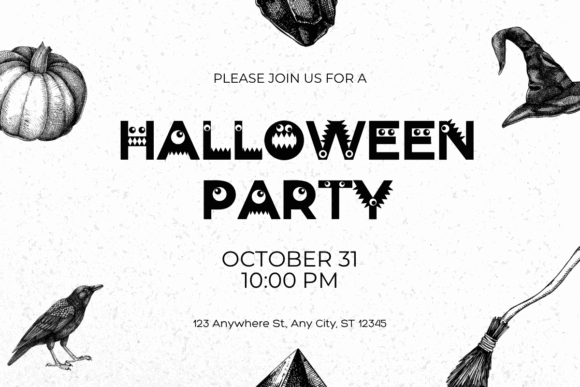 47 Best Halloween Fonts for Crafts, Parties, and Products 53 Halloween party invitation with spooky elements like a pumpkin, witch hat, and crow.