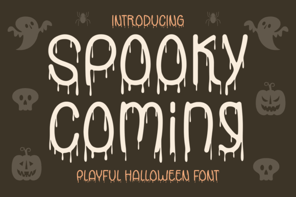 47 Best Halloween Fonts for Crafts, Parties, and Products 34 Playful Halloween font design featuring the text 'Spooky Coming' with dripping letters and Halloween icons.