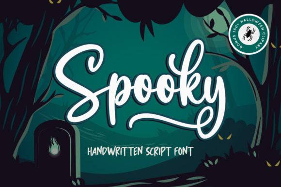 Halloween Fonts: 44 Best Picks for Cards, Signs & Cricut 20 Spooky handwritten script font design with a dark forest background.