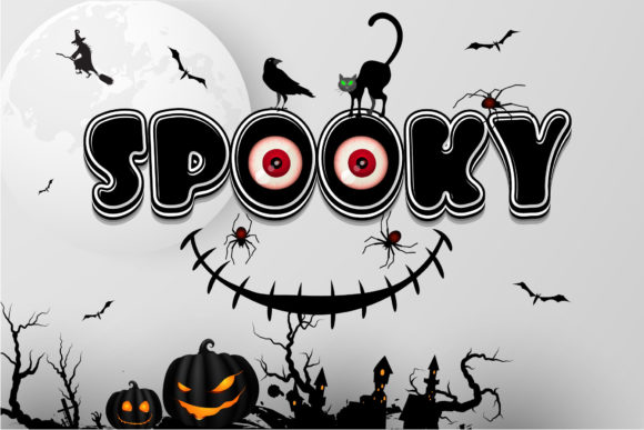 Halloween Color Fonts: 10 Best Picks for Spooky Designs 2 Colorful Halloween font spelling 'SPOOKY' with bats, a cat, and a pumpkin.