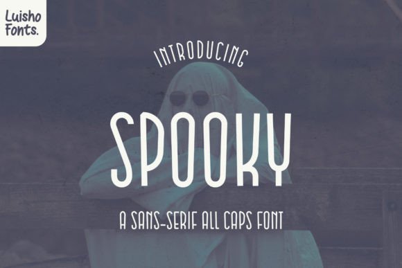 47 Best Halloween Fonts for Crafts, Parties, and Products 9 Spooky uppercase sans serif font displayed with a ghostly figure in the background.