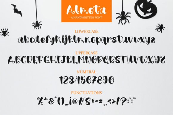 Halloween Fonts: 44 Best Picks for Cards, Signs & Cricut 19 Handwritten font sample showcasing lowercase, uppercase, numerals, and punctuation with Halloween decorations.