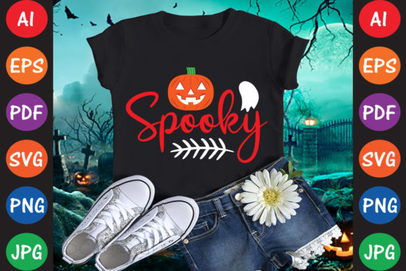 Halloween Fonts: 44 Best Picks for Cards, Signs & Cricut 23 Black t-shirt with 'Spooky' text, pumpkin, and ghost design, paired with denim shorts and sneakers.