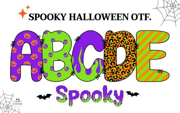13 Best Halloween Color Font for Designers 4 Colorful Halloween font displaying the letters A to E with spooky designs.