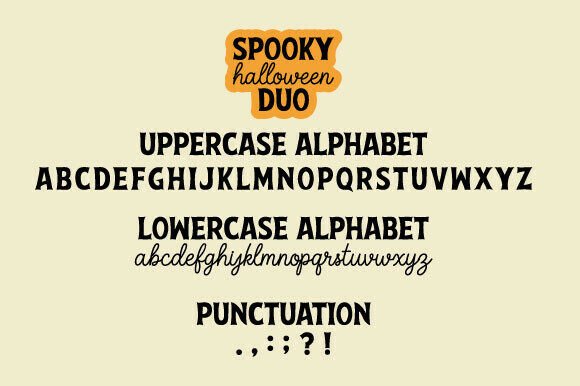 34 Best Halloween Fonts for Cricut Projects to Sell 3 Spooky Halloween Duo font showcasing uppercase and lowercase alphabets with punctuation.