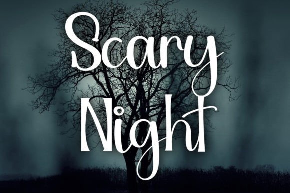 34 Best Halloween Fonts for Cricut Projects to Sell 36 Stylized text reading 'Scary Night' against a dark, eerie background with a tree silhouette.