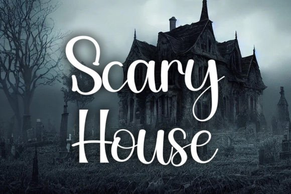 34 Best Halloween Fonts for Cricut Projects to Sell 35 Stylized text reading 'Scary House' over a spooky haunted house background.