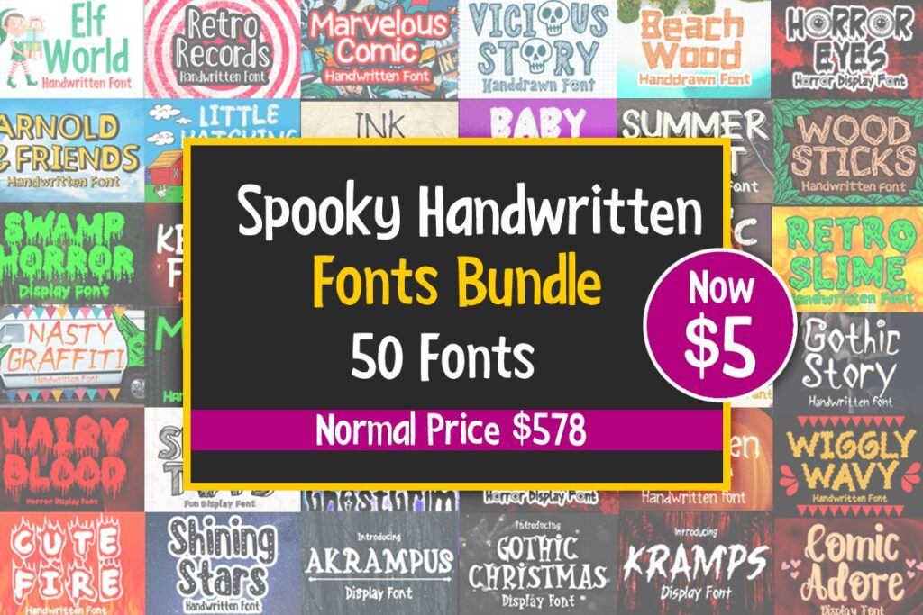 17 Halloween Fonts for Haunted House Signs That Stand Out 3 Spooky Handwritten Fonts Bundle showcasing 50 Halloween-themed fonts with a promotional price.