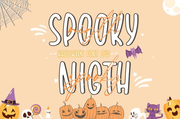 47 Best Halloween Fonts for Crafts, Parties, and Products 29 Stylized text 'Spooky Night' with Halloween decorations like pumpkins and bats.
