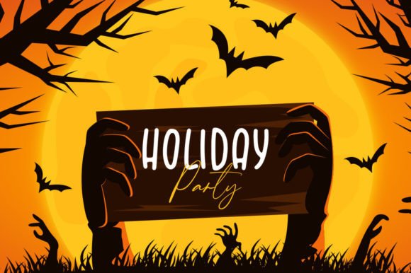 47 Best Halloween Fonts for Crafts, Parties, and Products 30 Silhouette of hands holding a sign that says 'Holiday Party' against a spooky orange background with bats.