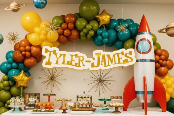 18 Best Slab Serif Display Fonts for Bold Headlines 9 Colorful balloon arch with a rocket centerpiece and dessert table for a birthday party.