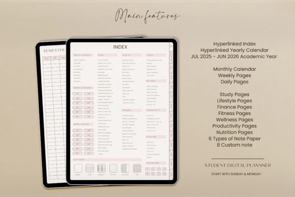 12 Best Digital Academic Planner Templates for Students 4 Digital academic planner features including hyperlinked index and various planning pages.