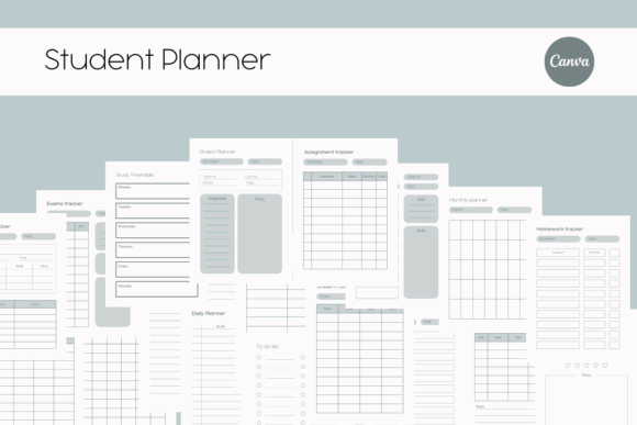 12 Best Digital Academic Planner Templates for Students 22 Various pages of a student planner template including assignment tracker and project planner.