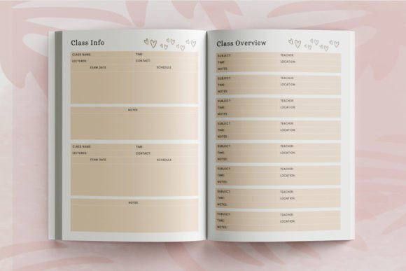 12 Best Digital Academic Planner Templates for Students 21 Open digital planner pages showing class info and overview sections.