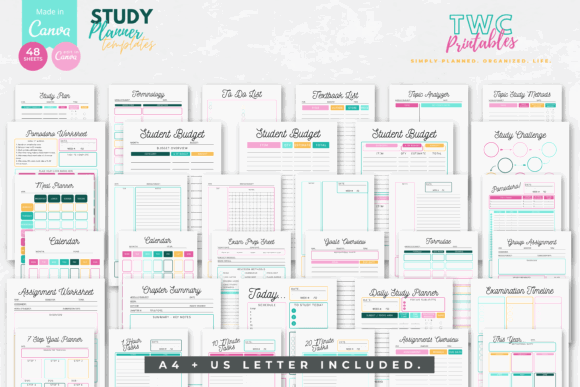12 Best Digital Academic Planner Templates for Students 9 Colorful Canva study planner templates with various layouts for budgeting, daily planning, and assignments.