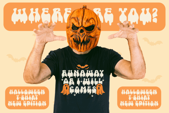 47 Best Halloween Fonts for Crafts, Parties, and Products 32 Person wearing a pumpkin mask and Halloween-themed shirt with spooky text.