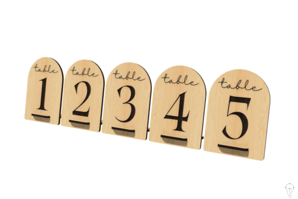 34 Acrylic Laser Cut Designs That Look Professional 18 Five wooden table number signs with elegant script and numbers 1 to 5.