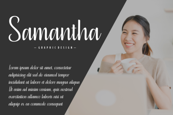 16 Handwritten Fonts for Commercial Use That Look Professional 23 Stylish handwritten font sample with the name 'Samantha' and a smiling woman holding a cup.