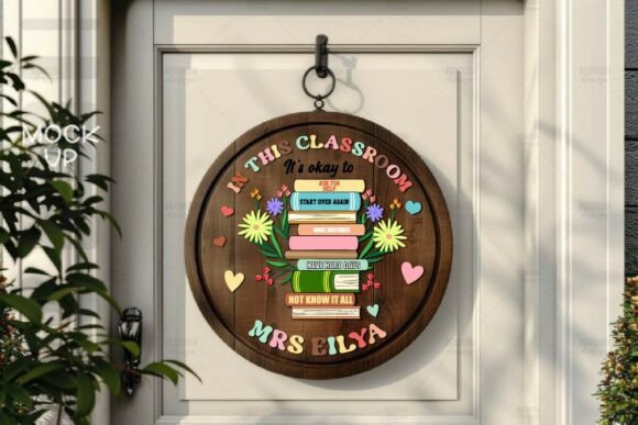 Laser Cut Teacher Appreciation Gifts: 45 Personalized Ideas 33 Wooden classroom sign with colorful books and flowers, personalized for a teacher named Mrs. Eilya.