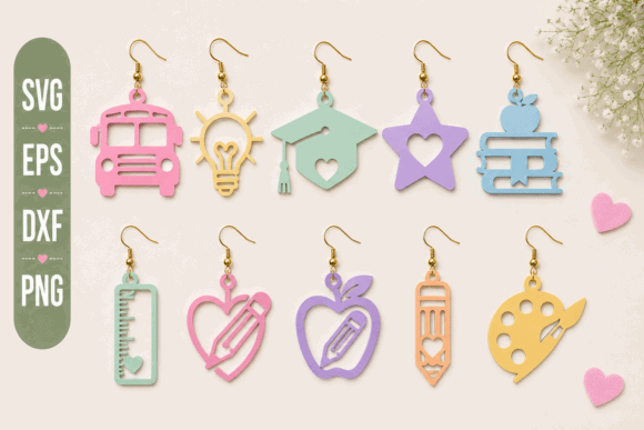 Laser Cut Teacher Appreciation Gifts: 45 Personalized Ideas 51 Colorful laser cut teacher-themed earrings including a bus, light bulb, and apple.