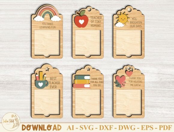 Laser Cut Teacher Appreciation Gifts: 45 Personalized Ideas 16 Set of laser cut teacher gift card holders with various designs and messages.