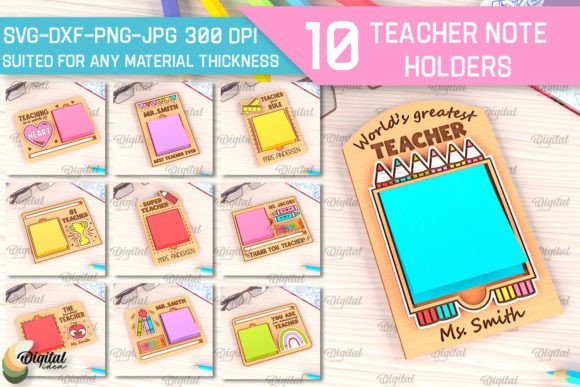 Laser Cut Teacher Appreciation Gifts: 45 Personalized Ideas 9 Collection of laser cut teacher note pad holders with various designs and messages.