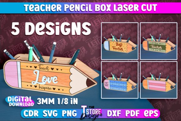 Laser Cut Teacher Appreciation Gifts: 45 Personalized Ideas 5 Laser cut teacher pencil box with five design variations for organizing writing tools.