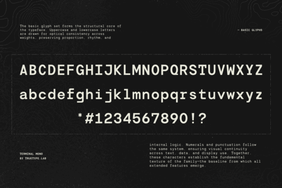 15 Best Monospace Fonts for Coding, Branding and Web Design 16 Sample glyphs of Terminal Mono font showcasing uppercase, lowercase, numbers, and punctuation.