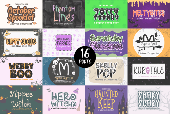 17 Halloween Fonts for Haunted House Signs That Stand Out 23 A collection of 16 Halloween-themed fonts displayed on colorful backgrounds.
