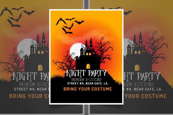 16 Gothic Fonts for Halloween Invitations That Look Stunning 27 Halloween invitation with a haunted house, bats, and a full moon.