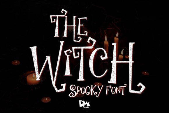Halloween Witchy Fonts: 19 Best Picks for Spellbooks 4 Spooky font titled 'The Witch' with candles in the background.
