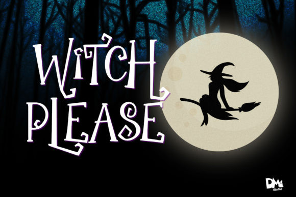 Halloween Witchy Fonts: 19 Best Picks for Spellbooks 5 A whimsical font design featuring the text 'Witch Please' with a silhouette of a witch on a broomstick against a full moon.