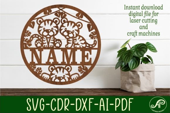 34 Acrylic Laser Cut Designs That Look Professional 12 Laser cut nursery name sign featuring two tigers and a customizable name area.