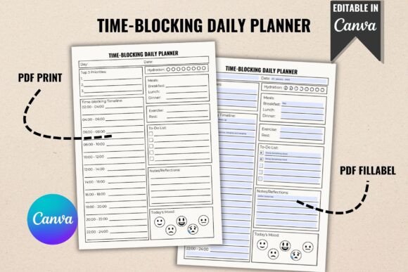 11 Daily Digital Planner Pages for Focused Planning 16 Editable time-blocking daily planner template with sections for tasks and reflections.