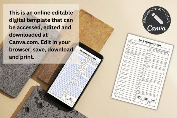 11 Daily Digital Planner Pages for Focused Planning 18 Editable digital planner template displayed on a smartphone with a textured background.