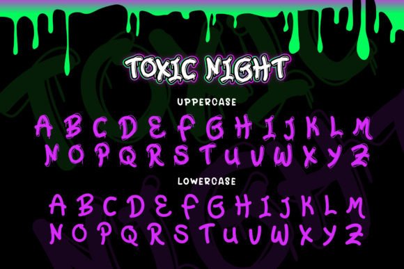 16 Gothic Fonts for Halloween Invitations That Look Stunning 22 Toxic Night font showcasing uppercase and lowercase letters in purple with a dripping green design.