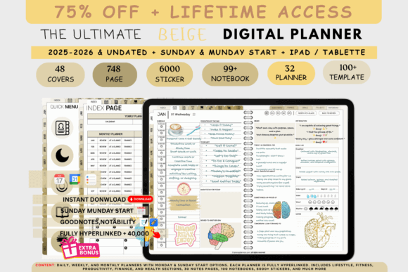 15 Best Digital Planner Templates for Goodnotes in 2026 11 Beige digital planner template for 2025-2026 with features and stickers listed.