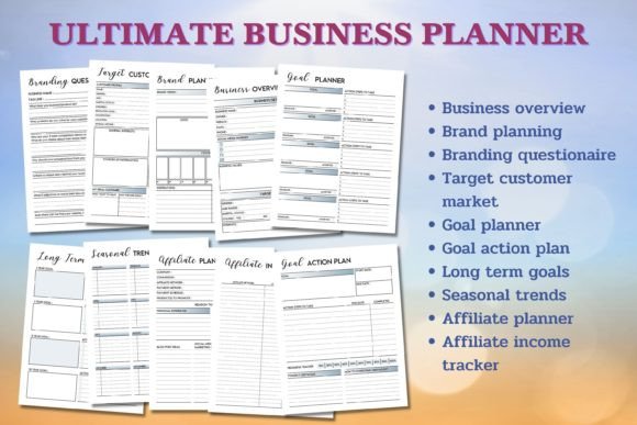 5 Digital Planner Templates: Powerful Picks for Small Business 7 Various pages of the Ultimate Business Planner template showcasing sections for branding, goals, and action plans.