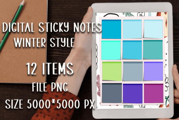 11 Daily Digital Planner Pages for Focused Planning 15 Colorful digital sticky notes in winter style displayed on a tablet.