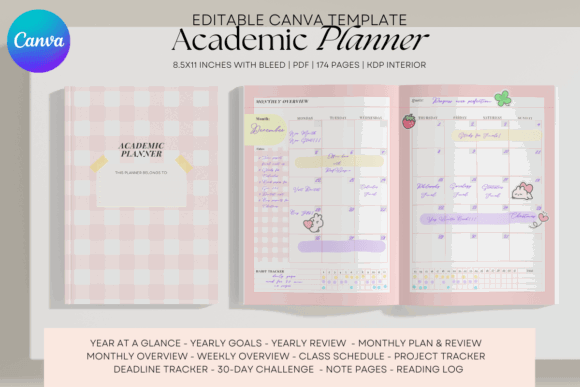 12 Best Digital Academic Planner Templates for Students 11 Editable Canva Academic Planner template with monthly and weekly layouts.
