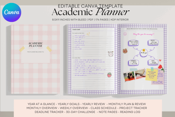 12 Best Digital Academic Planner Templates for Students 12 Editable Canva Academic Planner template with various planning layouts and sections.