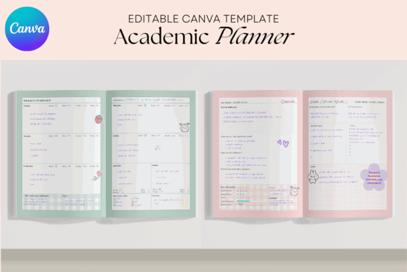 12 Best Digital Academic Planner Templates for Students 13 Editable Canva academic planner template with weekly layouts and decorative elements.