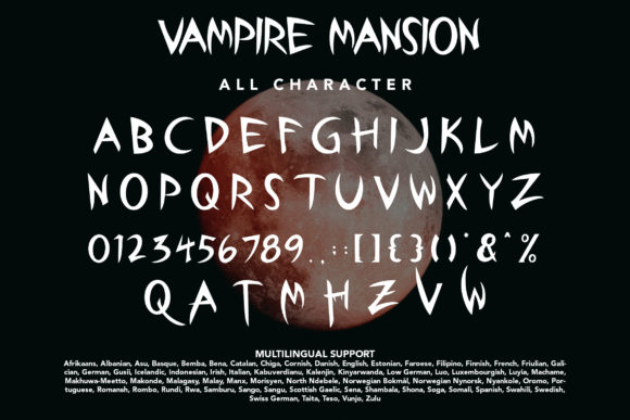 16 Gothic Fonts for Halloween Invitations That Look Stunning 12 Vampire Mansion font character set with a moon background
