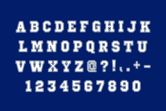 20 Bold Slab Serif Fonts: Powerful Logo & Headline Picks 36 Varsity Bold font showcasing uppercase letters, numbers, and symbols on a blue background.
