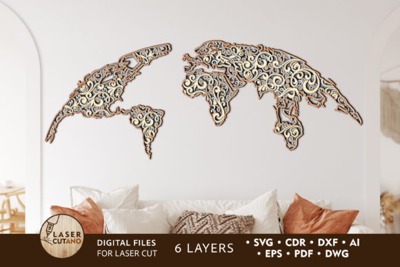 Wood Laser Cut Ideas: 45 Creative Projects Worth Making 27 Intricate multilayer wood map wall art design with decorative patterns.
