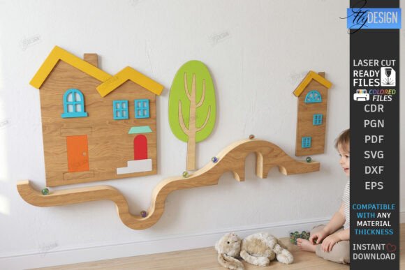 Wood Laser Cut Ideas: 45 Creative Projects Worth Making 52 Colorful laser cut wooden houses and tree on a wall with a child playing nearby.